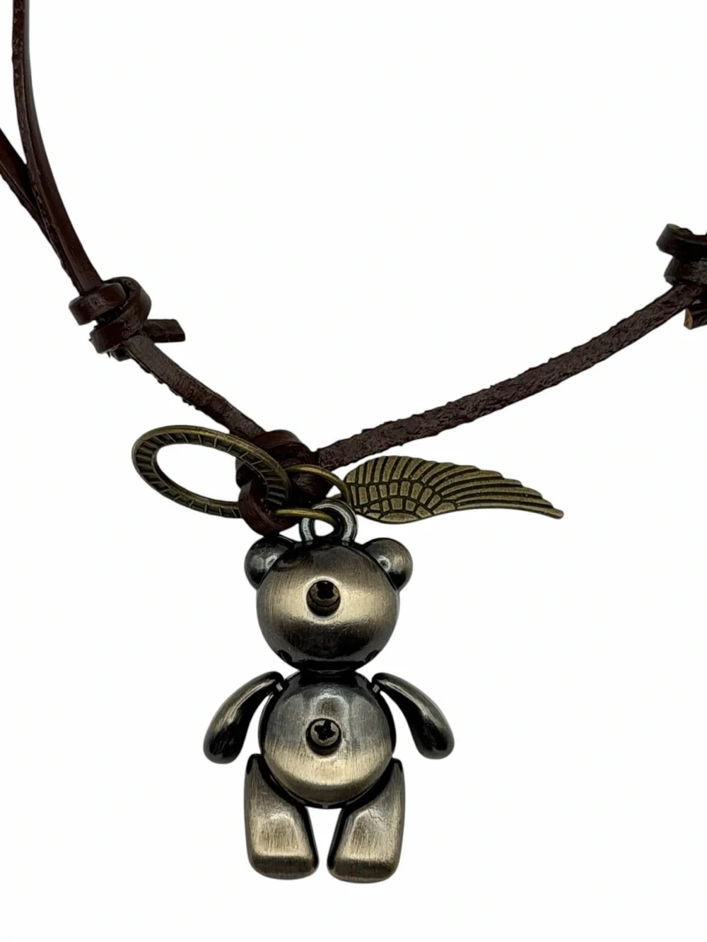 Vintage Style Teddy Bear Pendant Necklace Leather Cord Articulated Boho Charm